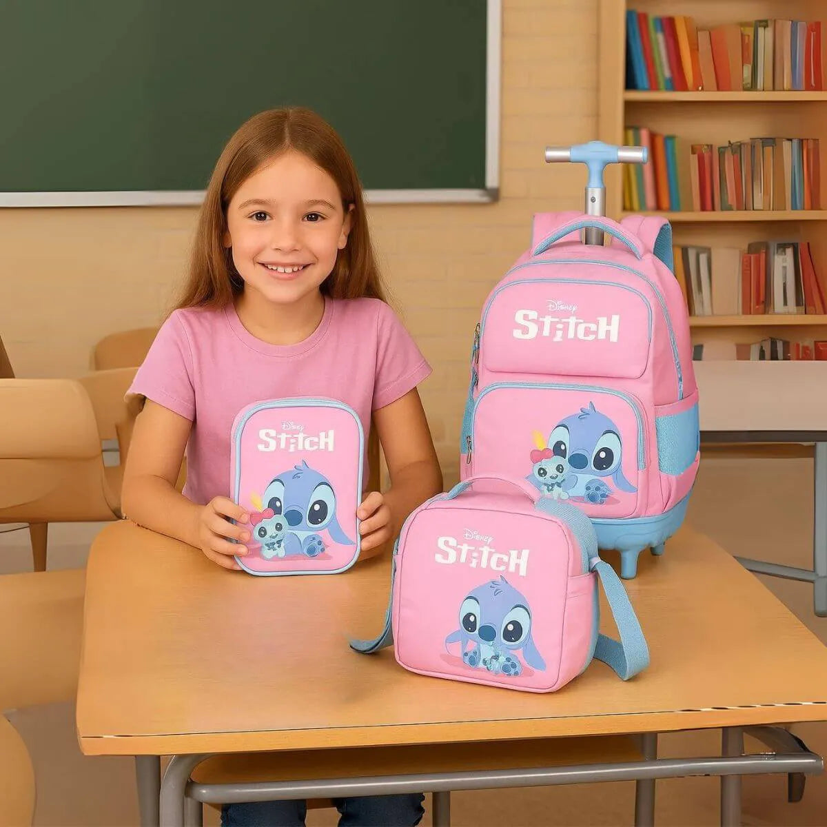 Kit Mochila Rodinhas Stitch Lancheira e Estojo