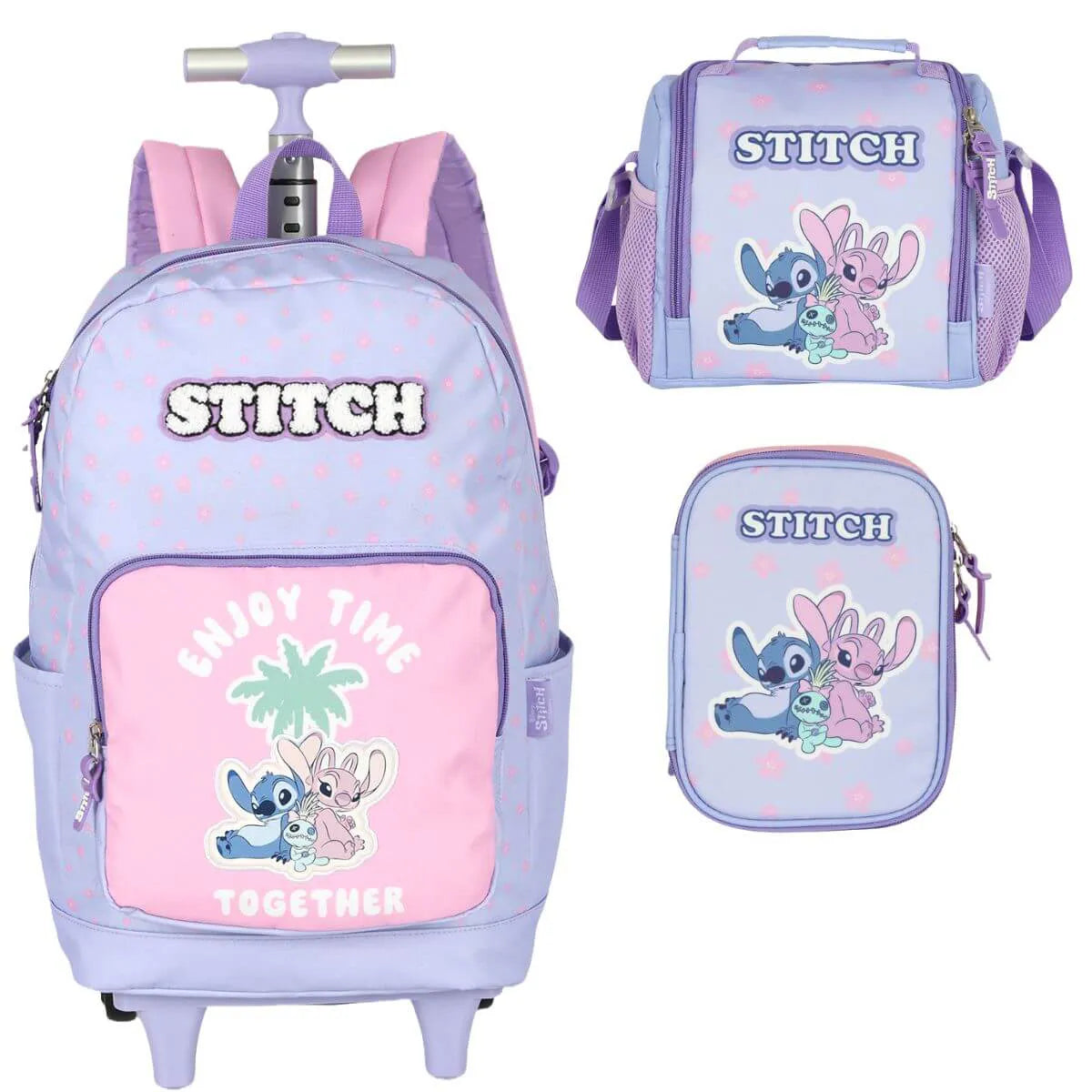 Kit Mochila Rodinhas Stitch Lancheira e Estojo