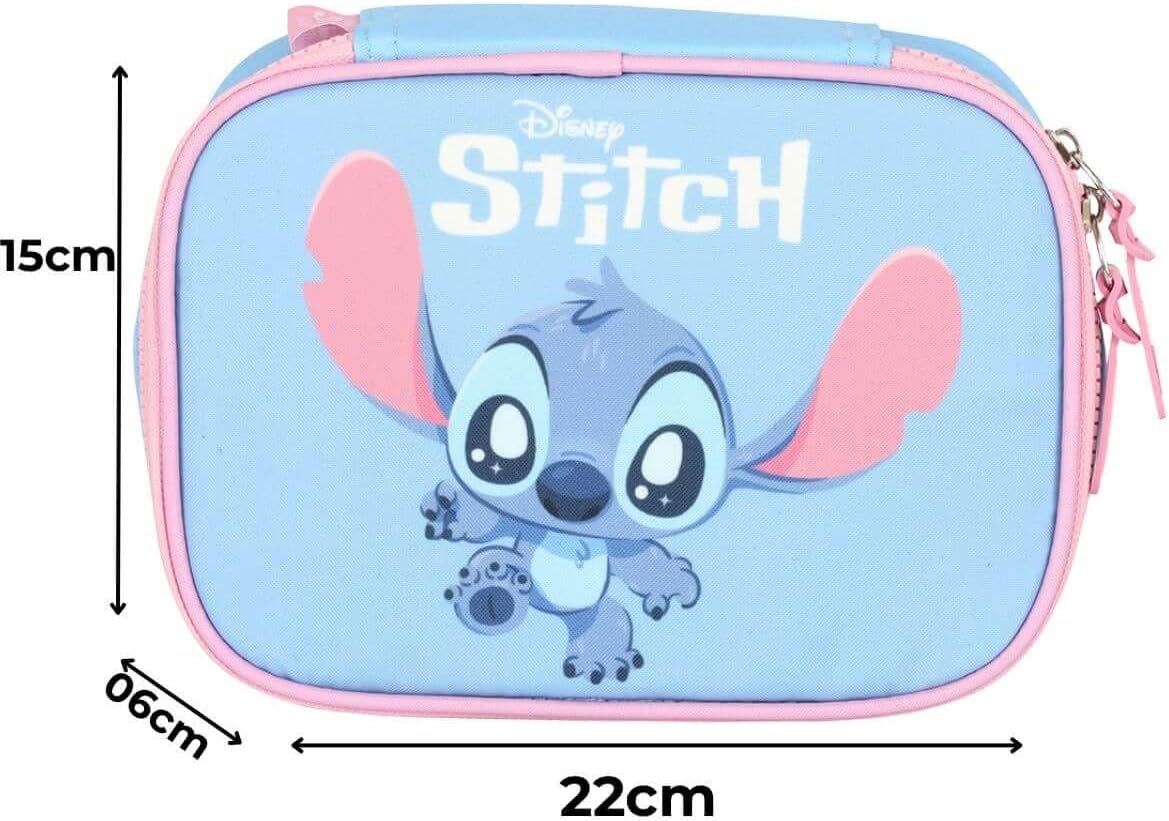 Kit Mochila Rodinhas Stitch Lancheira e Estojo