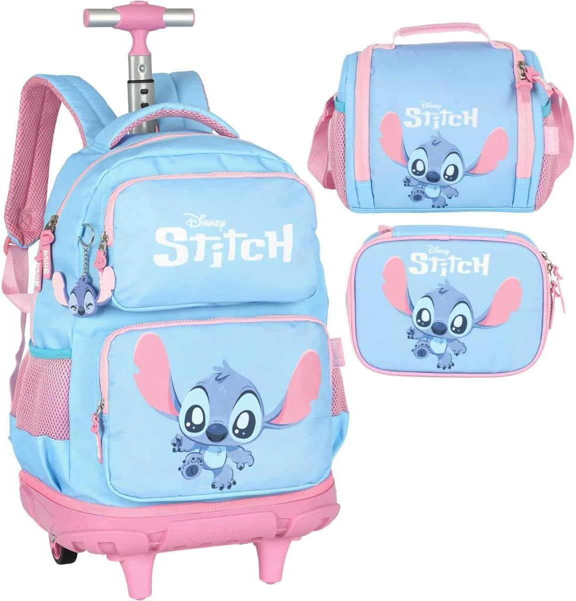 Kit Mochila Rodinhas Stitch Lancheira e Estojo