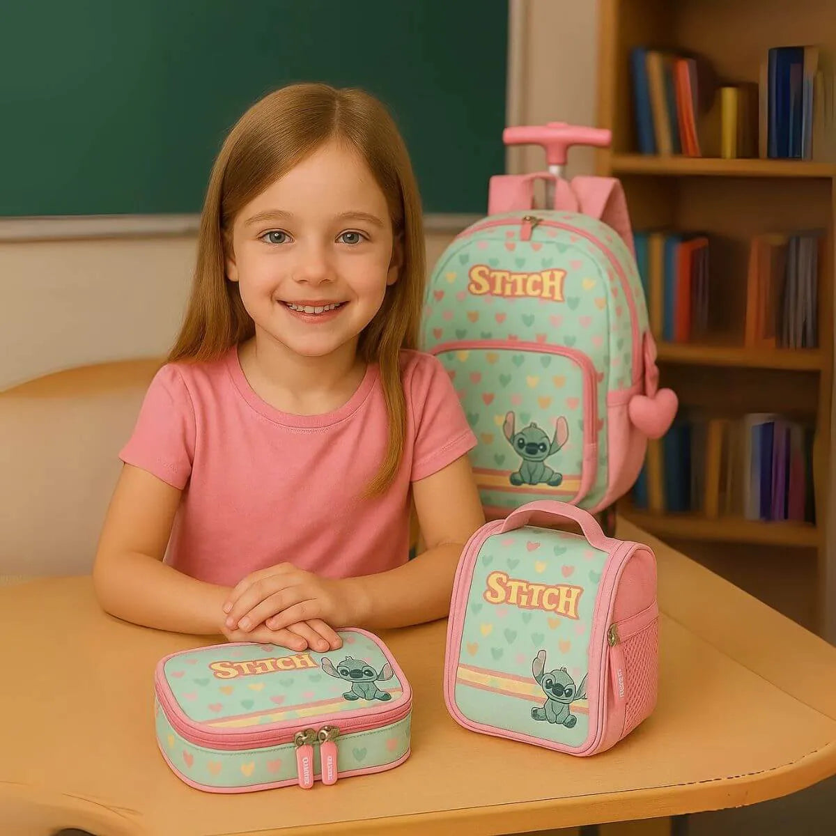 Kit Mochila Rodinhas Stitch Lancheira e Estojo