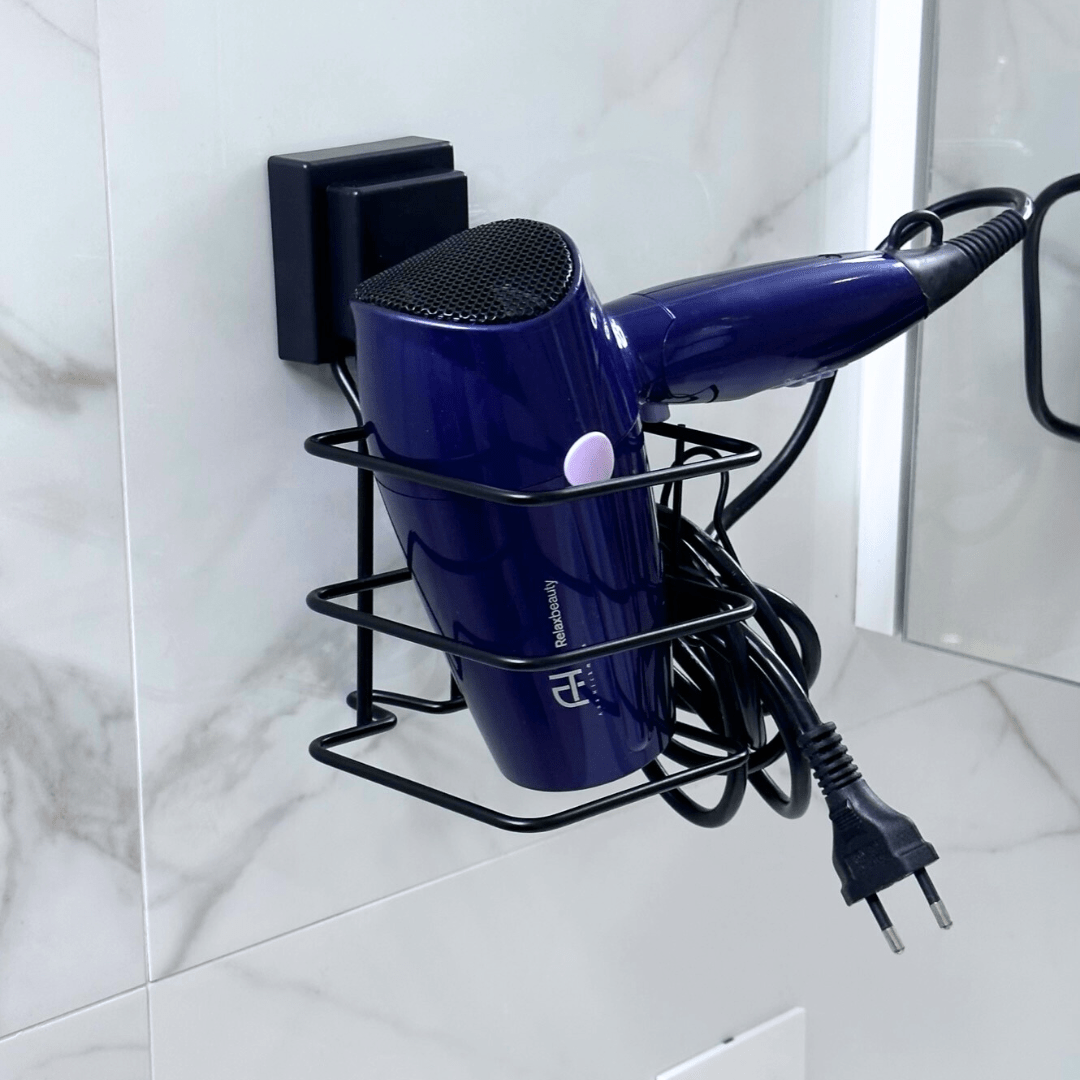 Suporte para Secador de Cabelo Fixação Ventosa Preto